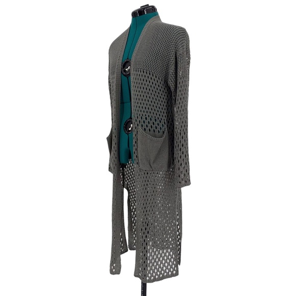 Minkas Taupe Mesh Knit Open Front Long Cardigan with Pockets, Small - Picture 3 of 16
